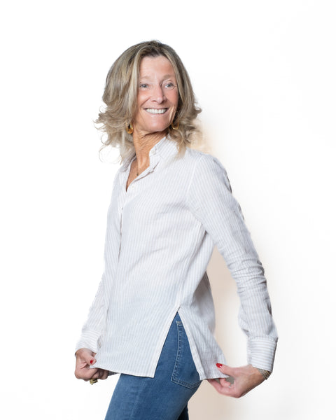 Bastoncino camicia a righe beige cotone e lino
