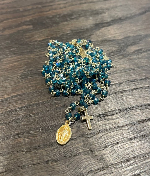 Pfmilanojewels  collana rosario 130 cm cristalli turquoise crystal, argento placcato oro giallo
