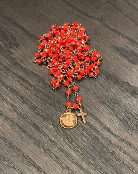  Pfmilanojewels  collana rosario cristalli rosso, argento placcato oro rosa