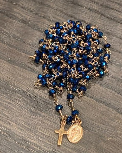 Pfmilanojewels rosario  130 cm cristalli metal blu, argento placcato oro rosa